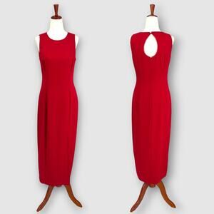 Vintage Liz Claiborne Red Sleeveless Sheath Midi Dress Keyhole Back Size 6